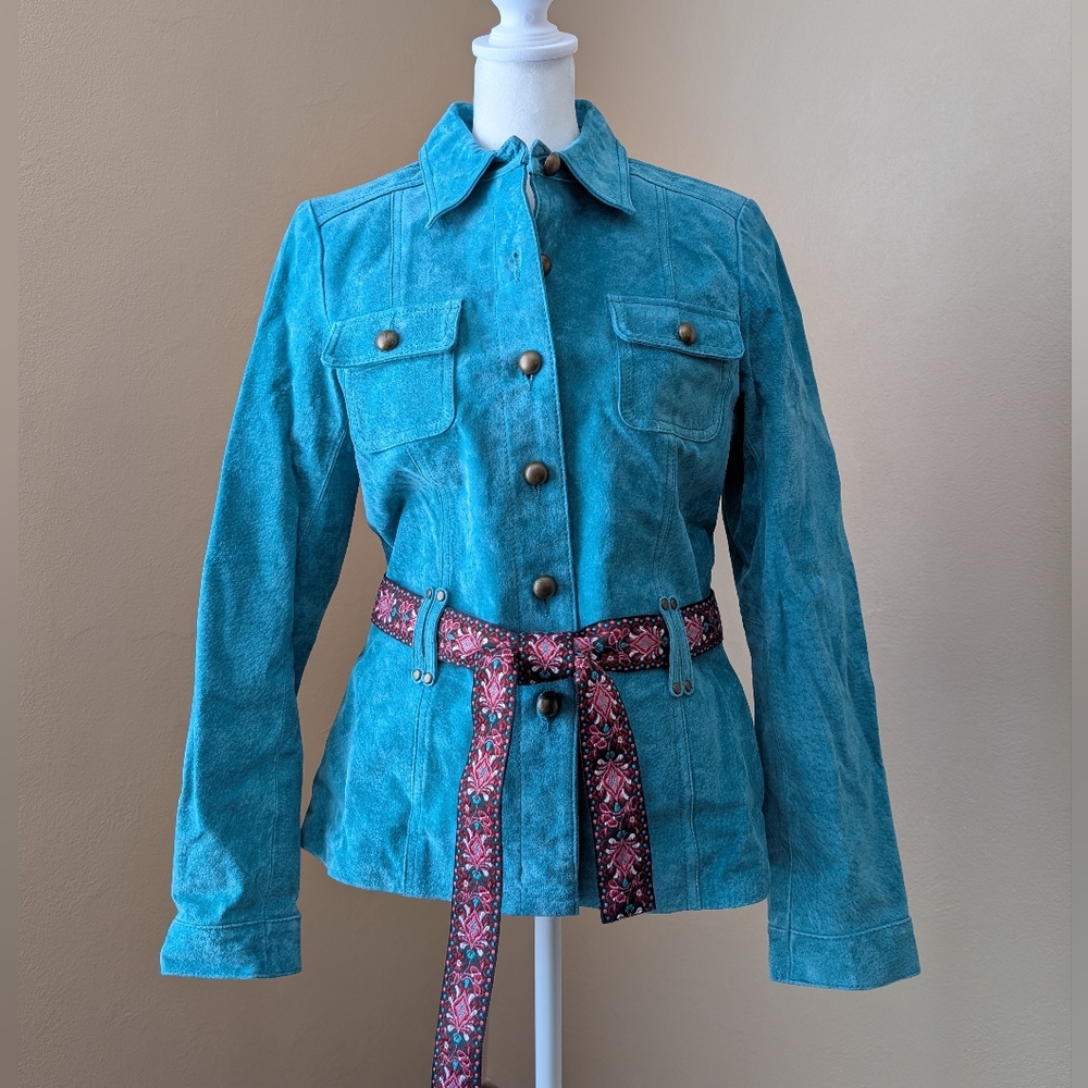 Ruff Hewn Suede Turquoise Utility Jacket with Patterned Belt Women's Size M - Picture 12 of 13